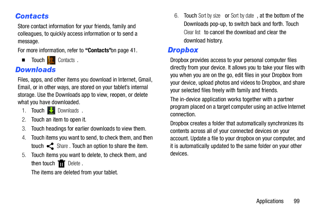 Samsung n/a user manual Dropbox,  Touch Contacts, Touch Downloads 