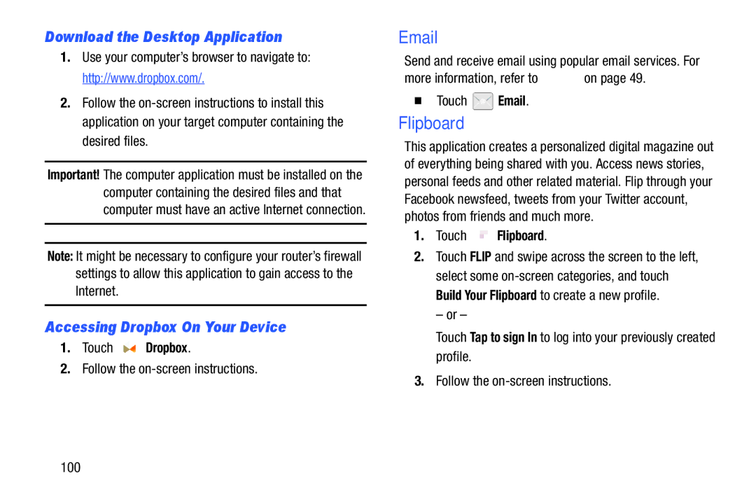 Samsung n/a Download the Desktop Application, Accessing Dropbox On Your Device, Touch Dropbox, Touch Flipboard 