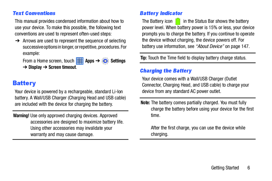 Samsung n/a user manual Text Conventions, Battery Indicator, Charging the Battery, Display Screen timeout 