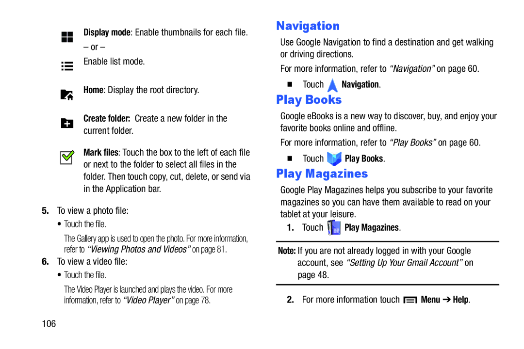 Samsung n/a user manual Create folder Create a new folder in the current folder,  Touch Navigation,  Touch Play Books 