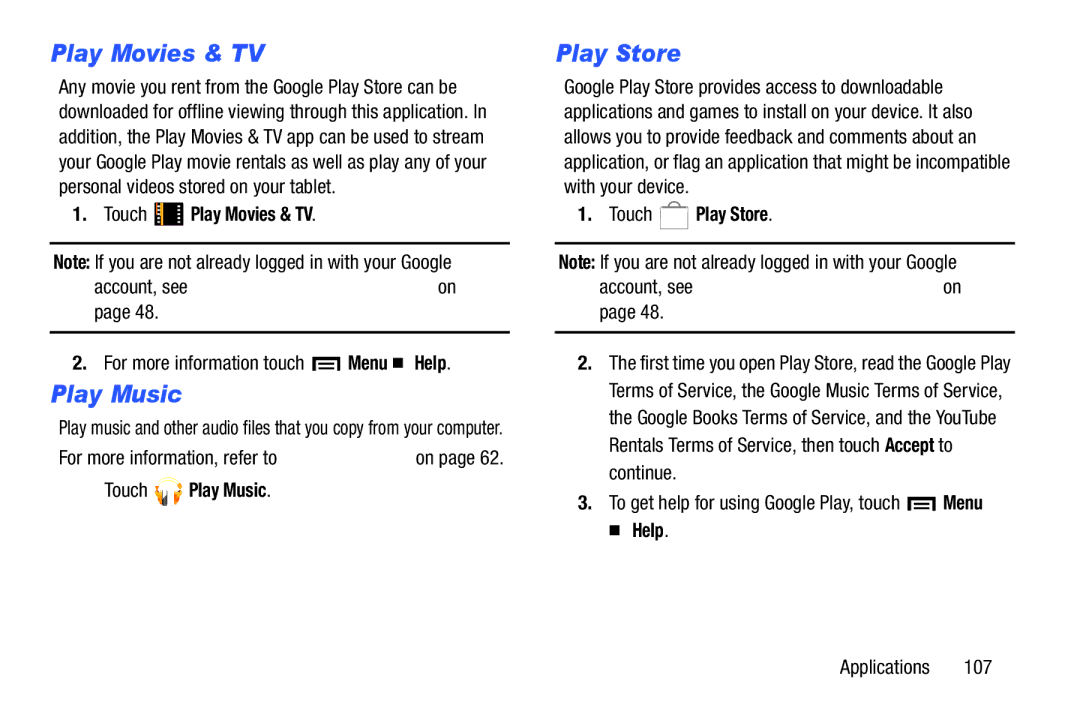 Samsung n/a user manual Play Movies & TV, Play Music, Play Store 