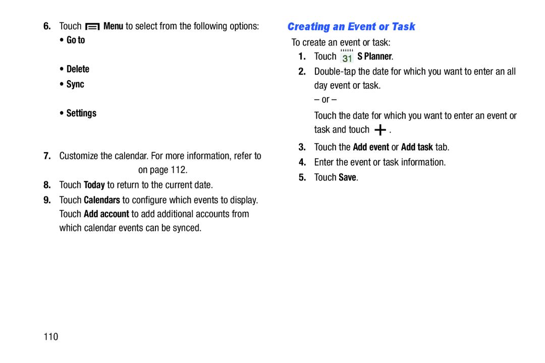 Samsung n/a user manual Creating an Event or Task, Touch the Add event or Add task tab 