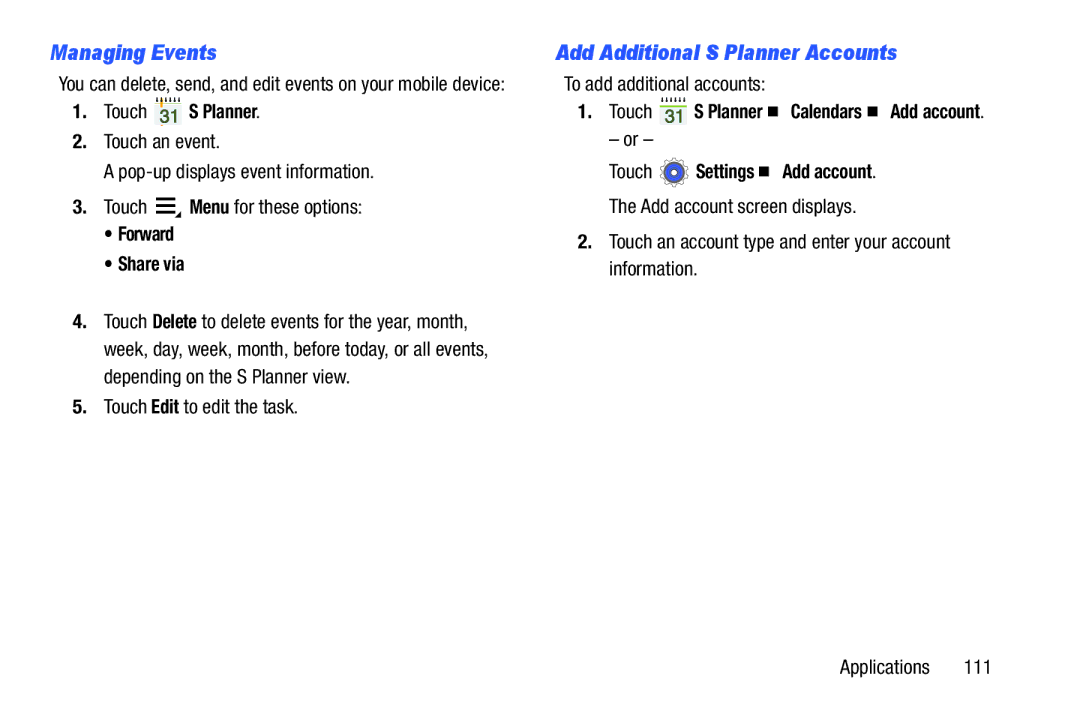 Samsung n/a Managing Events, Add Additional S Planner Accounts, Touch Edit to edit the task, To add additional accounts 