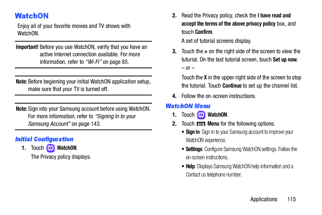 Samsung n/a user manual Initial Configuration, WatchON Menu, Touch WatchON 