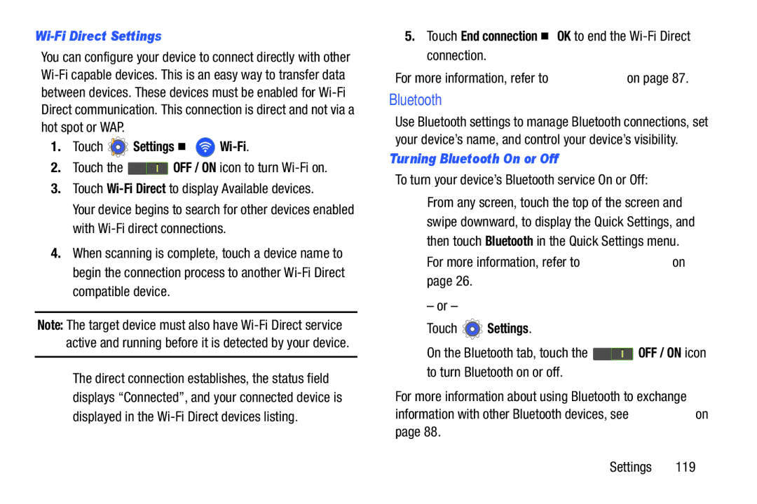 Samsung n/a user manual Bluetooth, Wi-Fi Direct Settings, Touch End connection OK to end the Wi-Fi Direct connection 