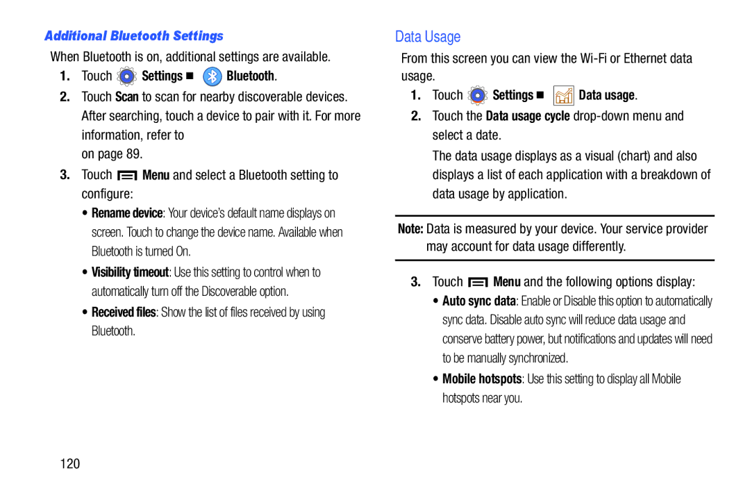 Samsung n/a user manual Data Usage, Additional Bluetooth Settings, When Bluetooth is on, additional settings are available 