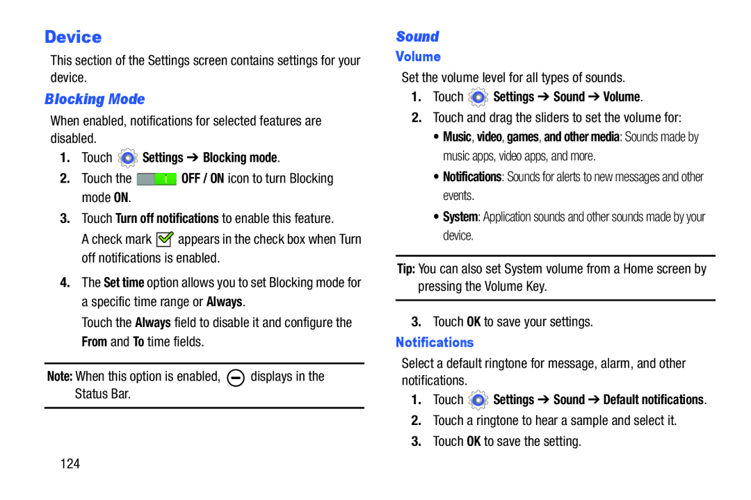 Samsung n/a user manual Device, Blocking Mode, Sound, Volume, Notifications 