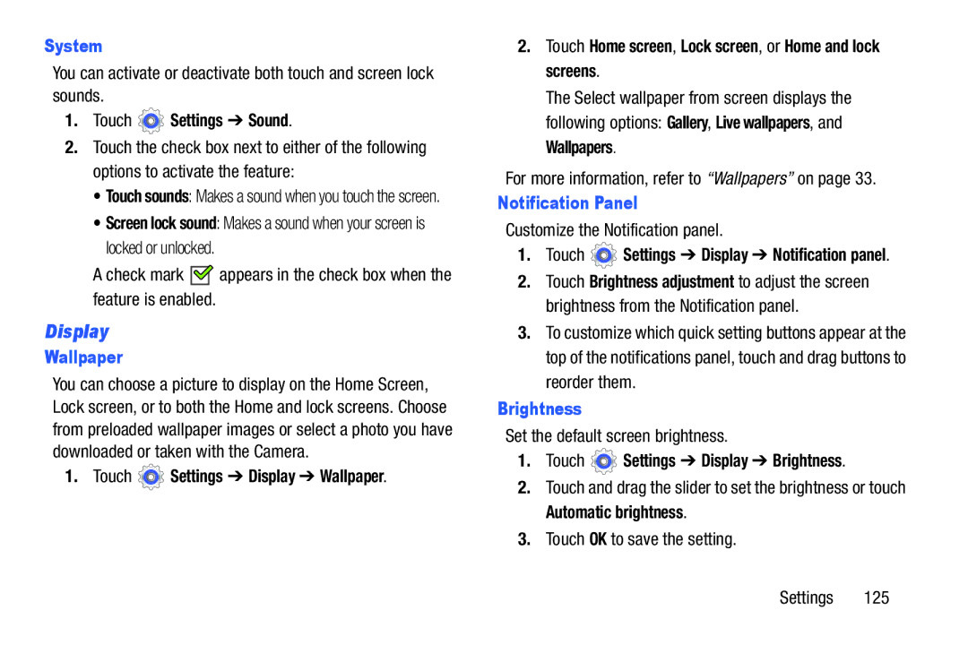 Samsung n/a user manual Display, System, Wallpaper, Notification Panel, Brightness 