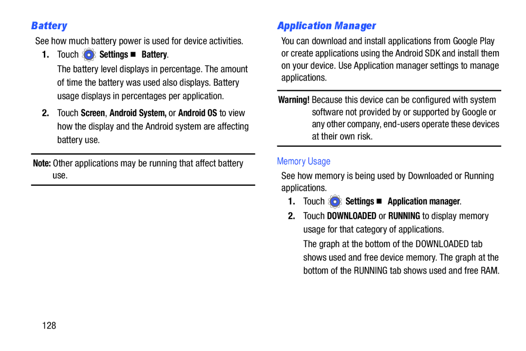 Samsung n/a user manual Application Manager, Touch Settings Battery, Memory Usage, Touch Settings Application manager 