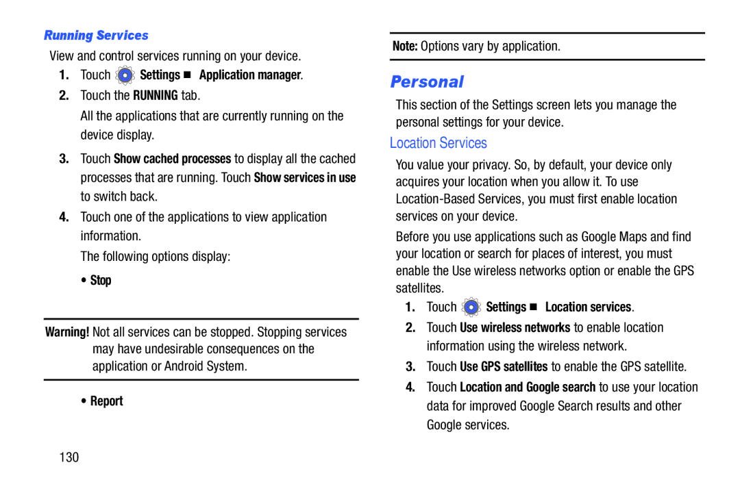 Samsung n/a user manual Personal, Location Services, Running Services, Touch Settings Location services 