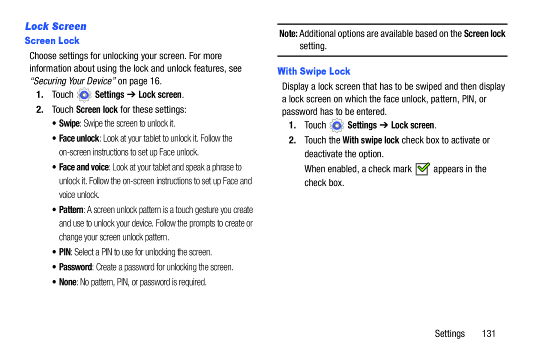 Samsung n/a user manual Lock Screen, Screen Lock, Touch Settings Lock screen, None No pattern, PIN, or password is required 