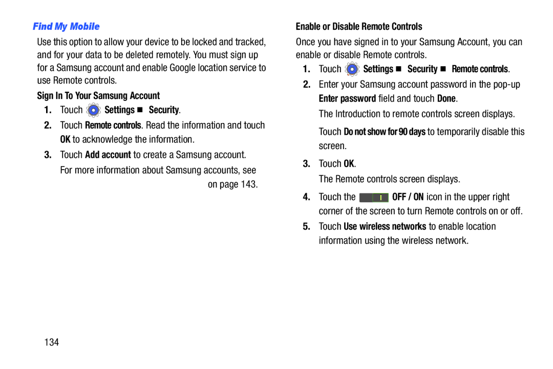 Samsung n/a Find My Mobile, Sign In To Your Samsung Account Touch Settings Security, Enable or Disable Remote Controls 