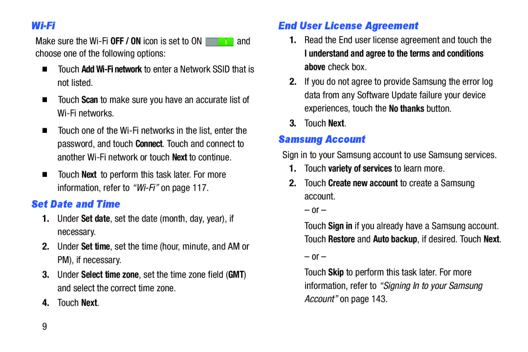 Samsung n/a user manual Wi-Fi, Set Date and Time, End User License Agreement, Samsung Account 