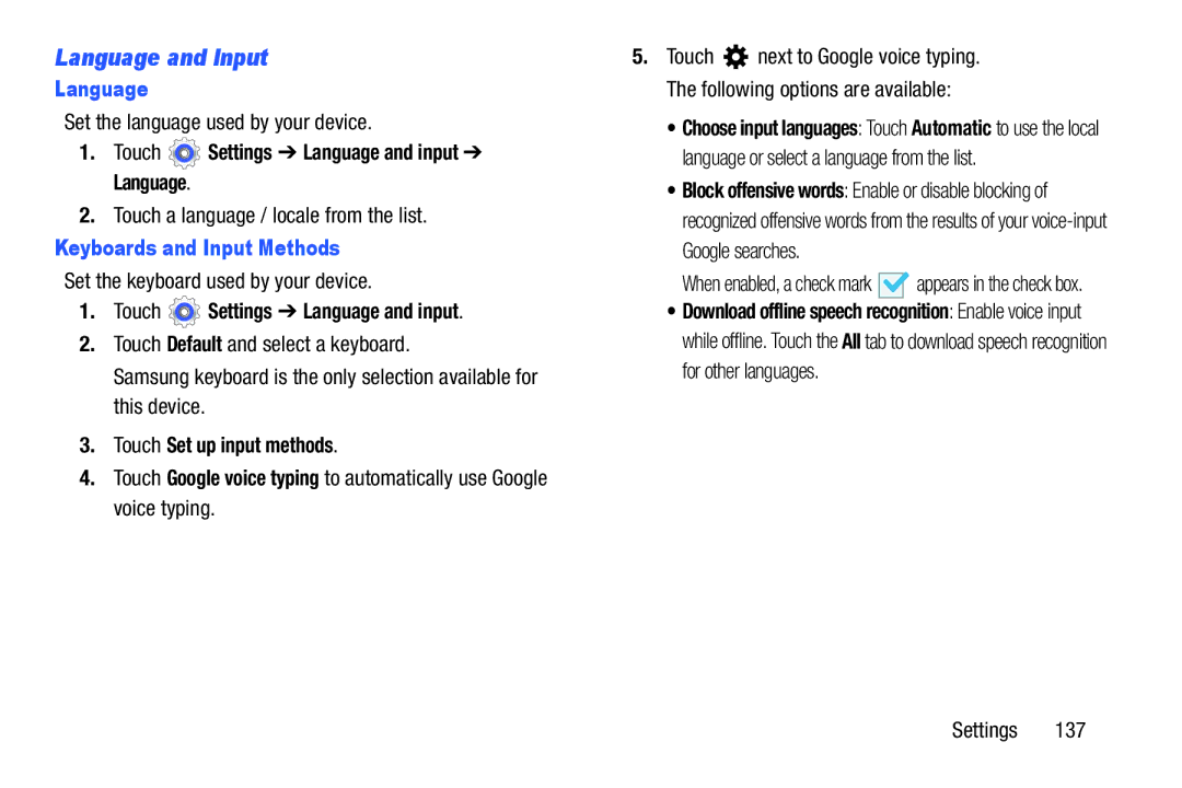 Samsung n/a user manual Language and Input, Touch Settings Language and input Language, Keyboards and Input Methods 