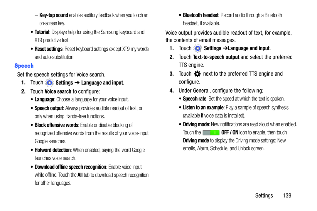 Samsung n/a user manual Speech, Set the speech settings for Voice search, Touch Voice search to configure 