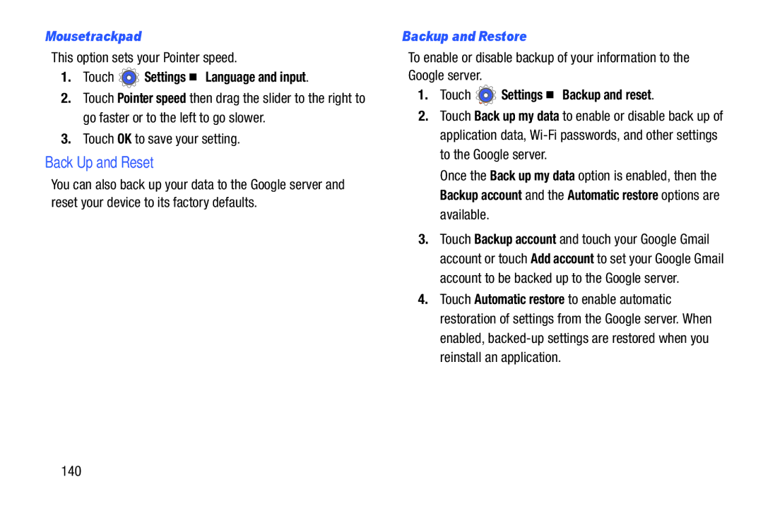 Samsung n/a user manual Back Up and Reset, Mouse/trackpad, Backup and Restore, Touch Settings Backup and reset 