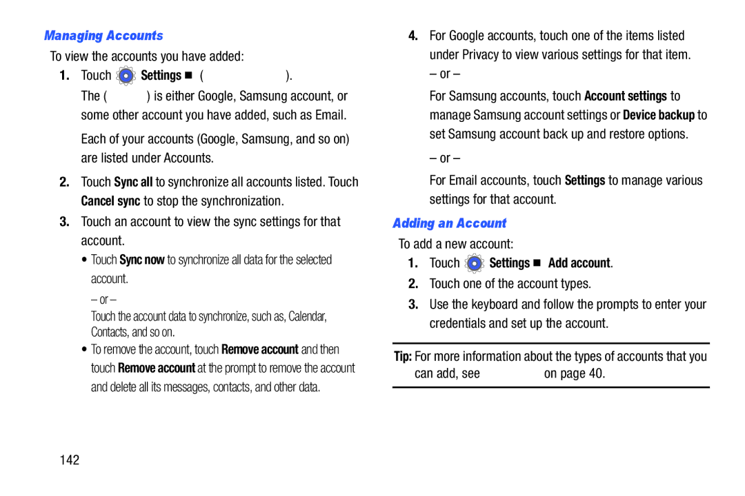 Samsung n/a user manual Managing Accounts, Touch Settings account, Adding an Account 