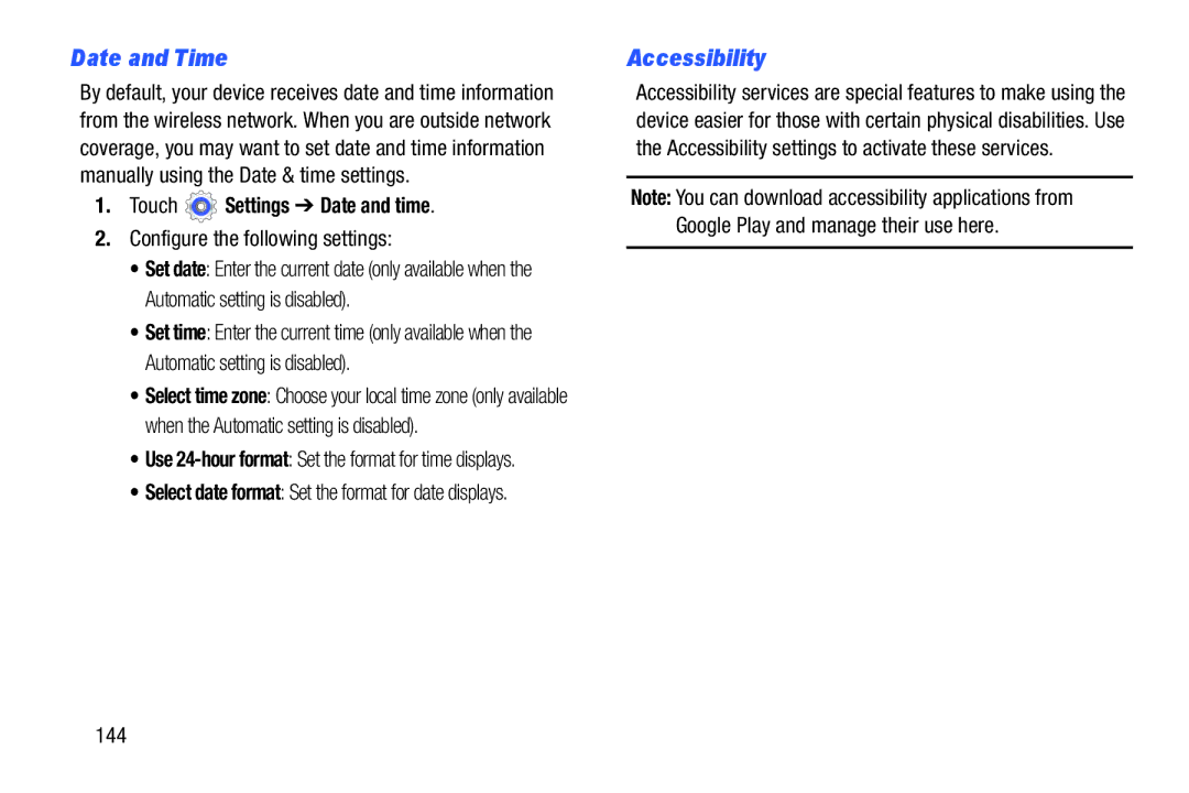 Samsung n/a user manual Date and Time, Accessibility, Touch Settings Date and time, Configure the following settings, 144 