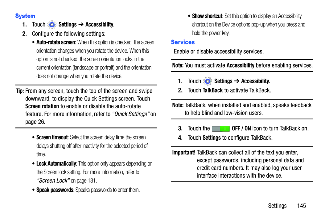 Samsung n/a user manual Touch Settings Accessibility, Services, Enable or disable accessibility services 