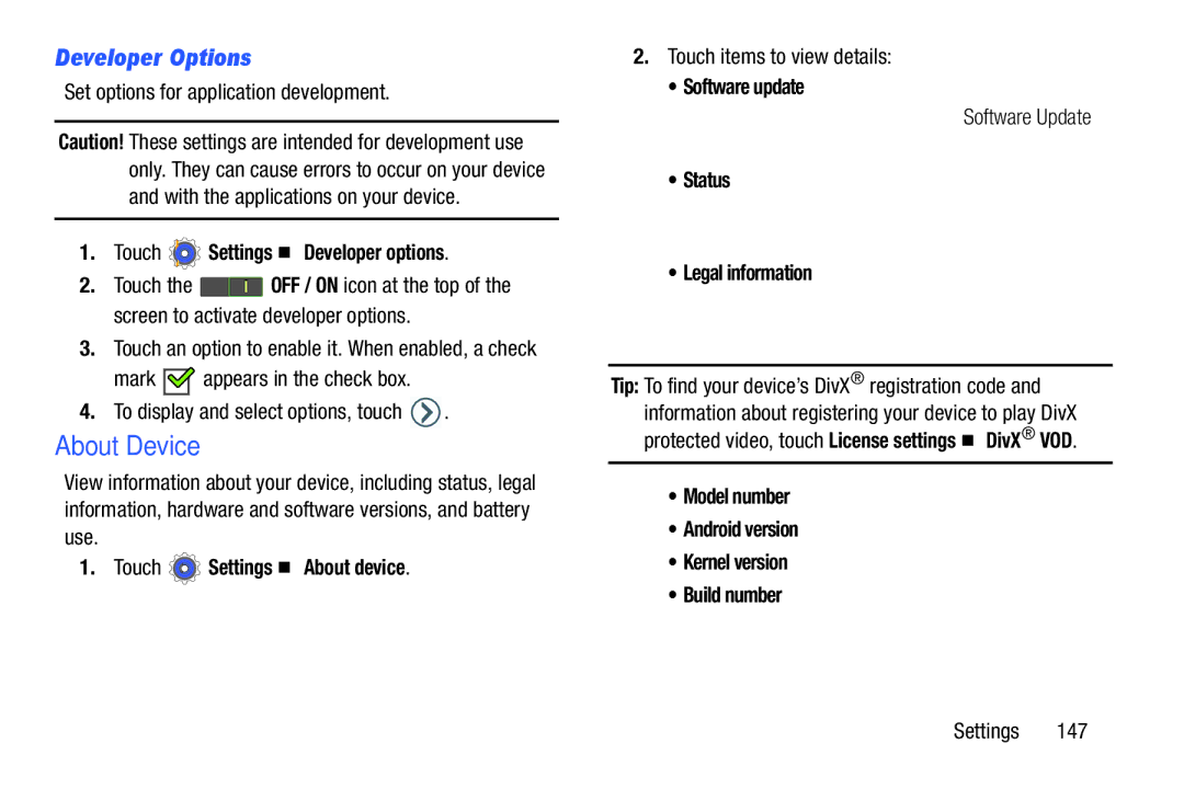 Samsung n/a user manual About Device, Developer Options, Touch Settings Developer options, Touch Settings About device 