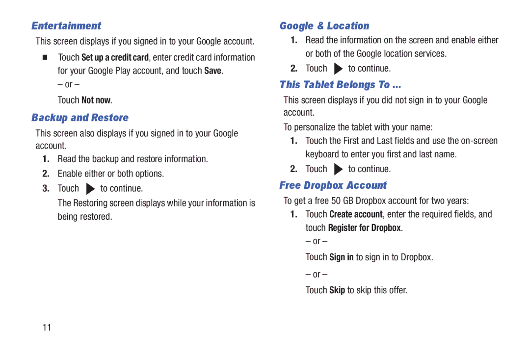 Samsung n/a user manual Entertainment, Backup and Restore, Google & Location, This Tablet Belongs To, Free Dropbox Account 