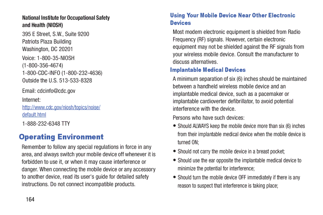 Samsung n/a Operating Environment, Using Your Mobile Device Near Other Electronic Devices, Implantable Medical Devices 