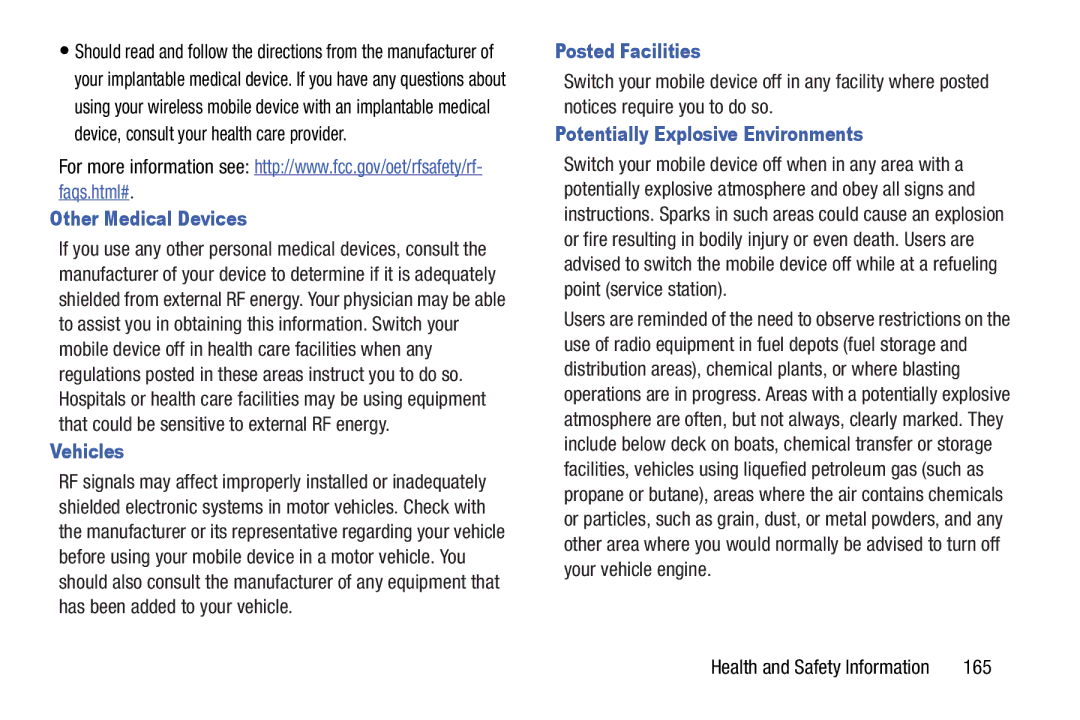 Samsung n/a user manual Other Medical Devices, Vehicles, Posted Facilities, Potentially Explosive Environments, 165 