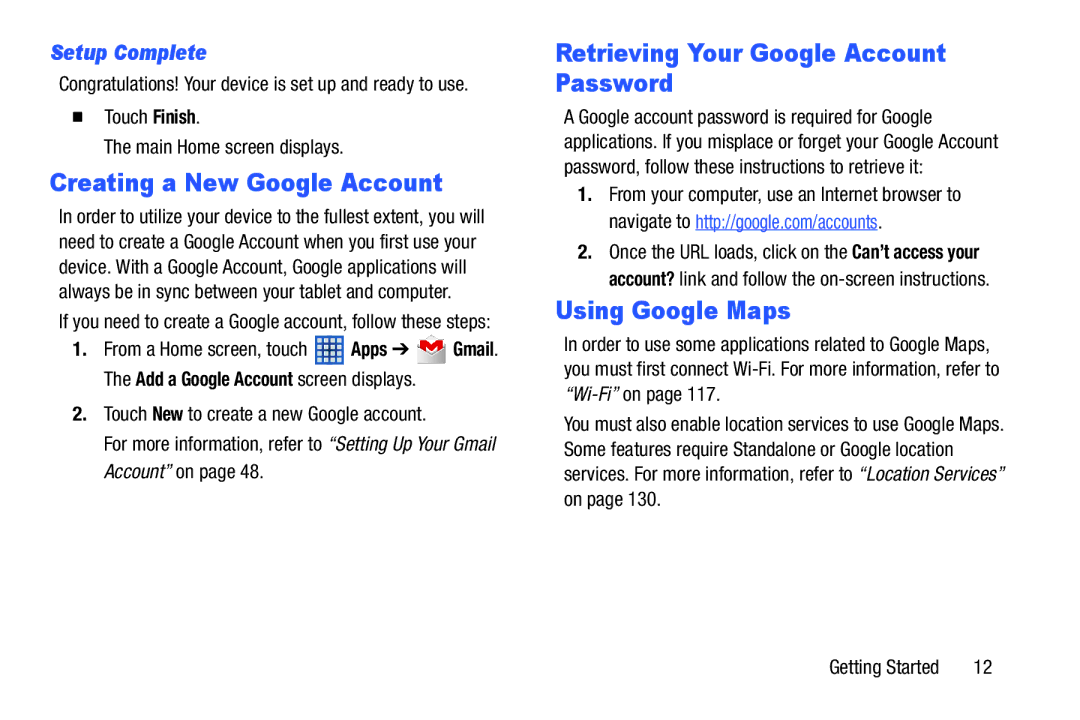 Samsung n/a Creating a New Google Account, Retrieving Your Google Account Password, Using Google Maps, Setup Complete 