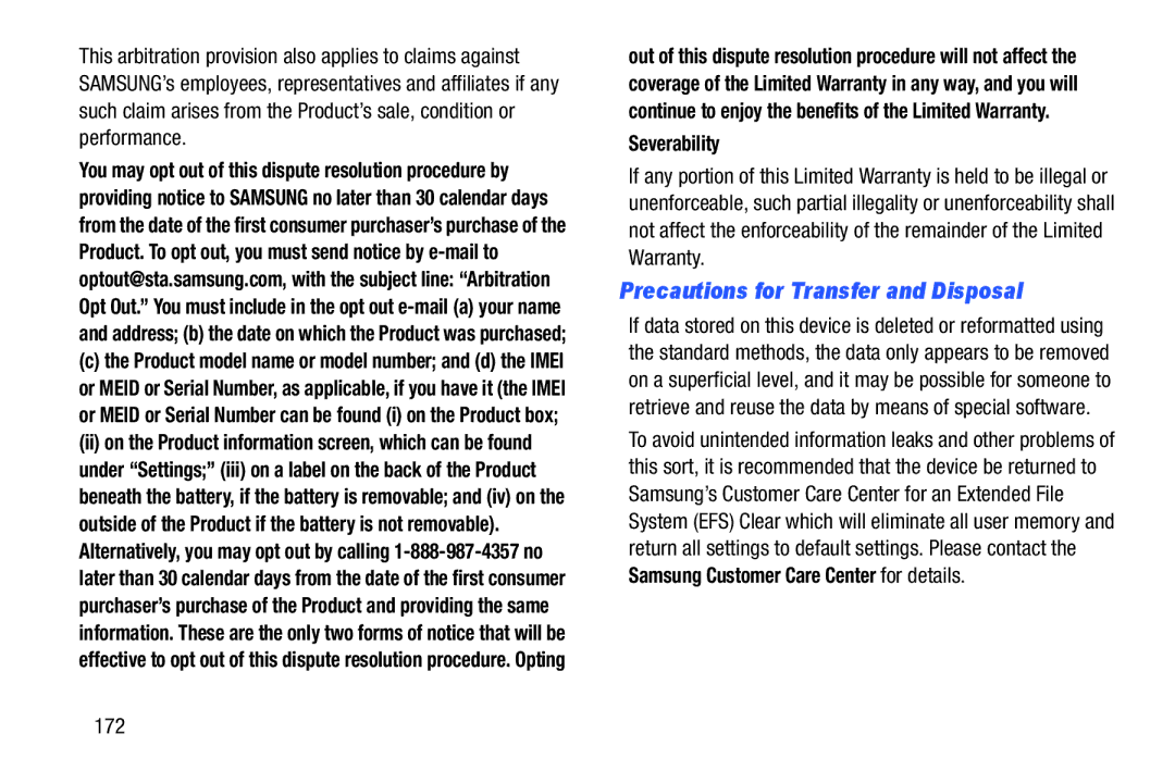 Samsung n/a user manual Precautions for Transfer and Disposal, Severability, 172 