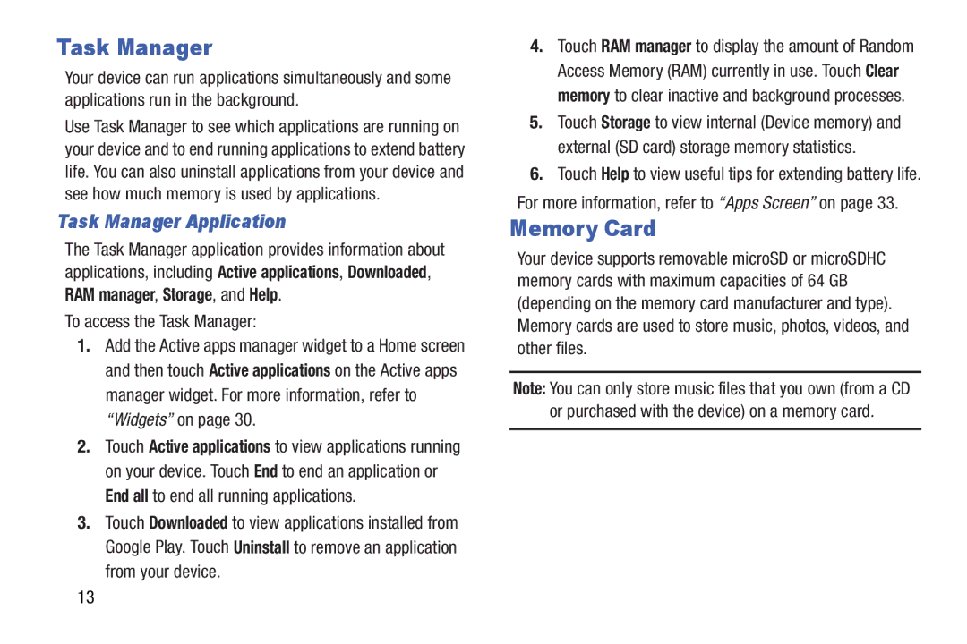 Samsung n/a user manual Memory Card, Task Manager Application, To access the Task Manager 