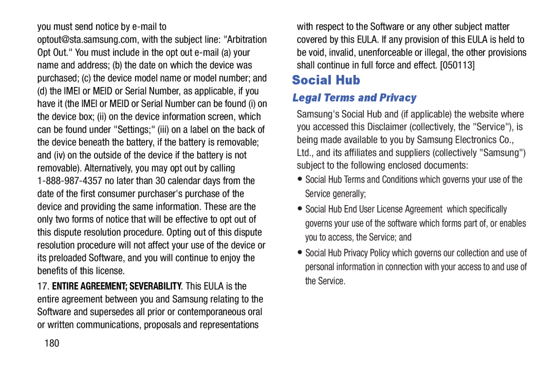 Samsung n/a user manual Social Hub, Legal Terms and Privacy, 180 