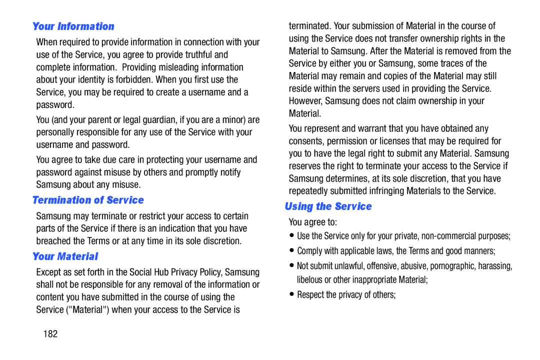 Samsung n/a user manual Your Information, Termination of Service, Your Material, Using the Service 