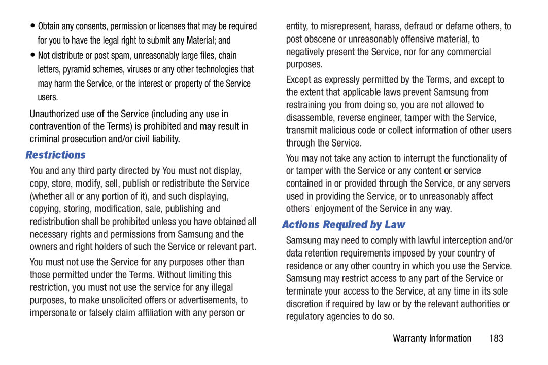 Samsung n/a user manual Restrictions, Actions Required by Law, 183 