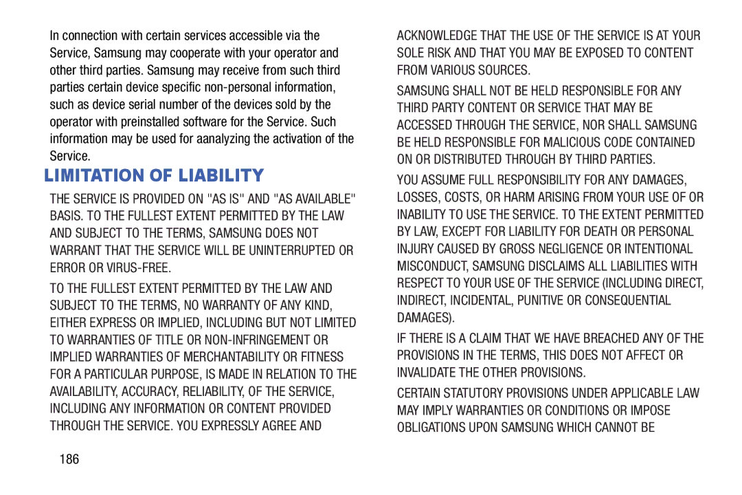 Samsung n/a user manual Limitation of Liability, 186 