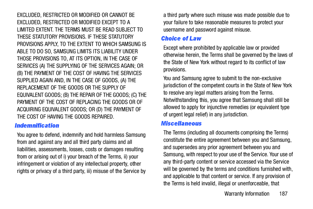 Samsung n/a user manual Indemnification, Choice of Law, Miscellaneous, 187 