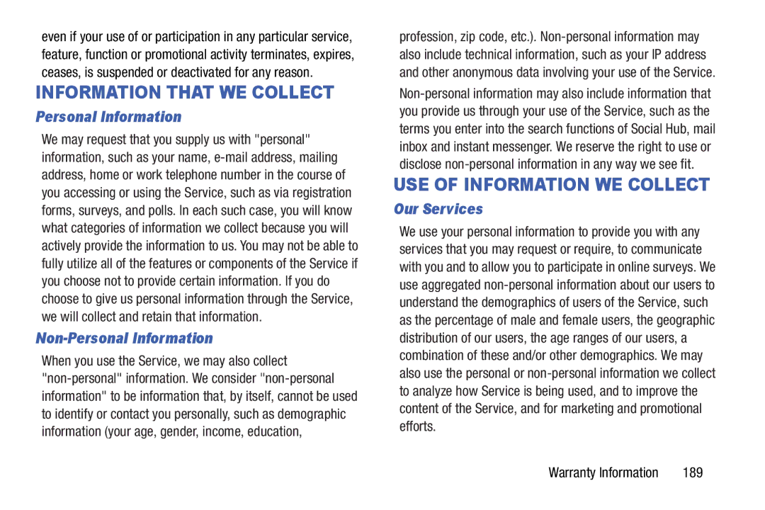 Samsung n/a user manual Non-Personal Information, Our Services, 189 