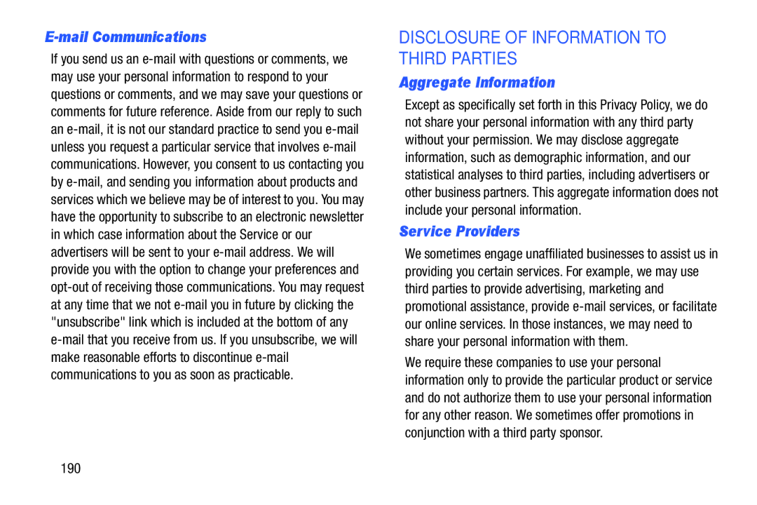 Samsung n/a user manual Mail Communications, Aggregate Information, Service Providers, 190 