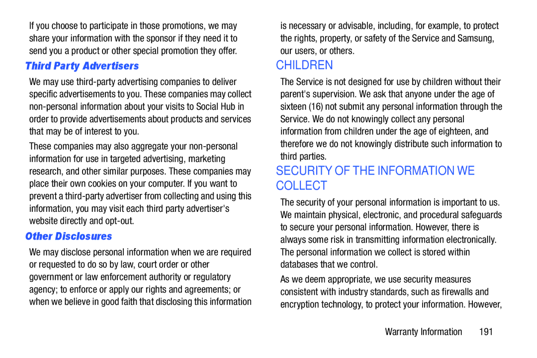 Samsung n/a user manual Third Party Advertisers, Other Disclosures, 191 