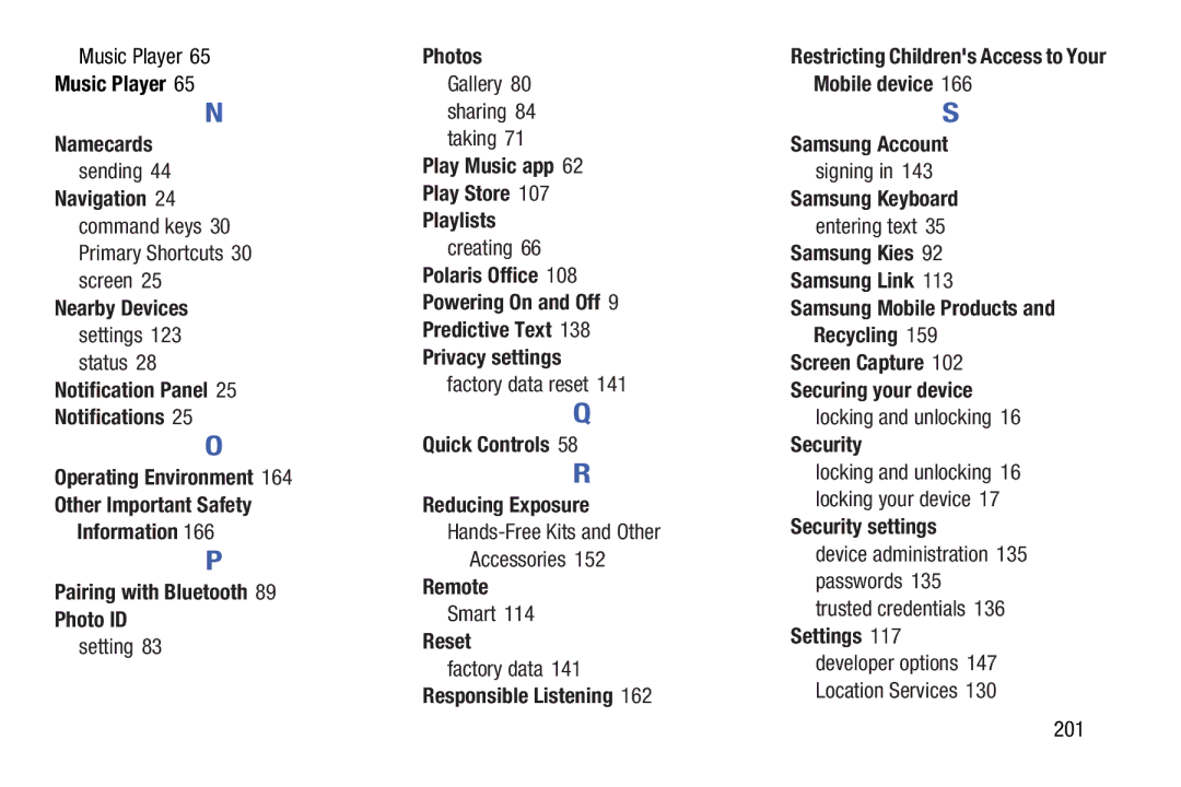 Samsung n/a Music Player Namecards, Navigation 24 command keys 30 Primary Shortcuts 30 screen, Photos, Remote, Reset 