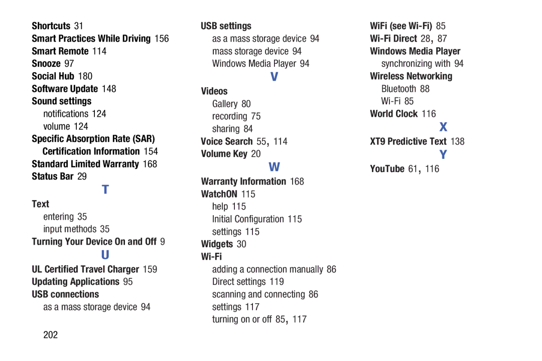 Samsung n/a Shortcuts, Sound settings, Turning Your Device On and Off, USB connections, USB settings, Widgets Wi-Fi 