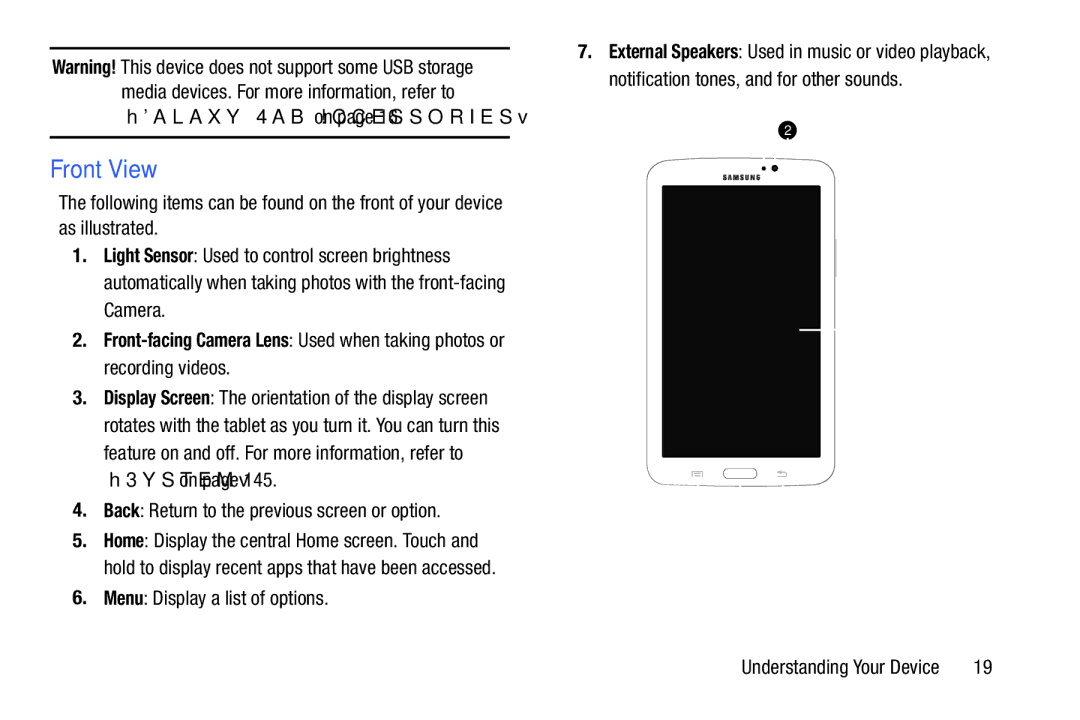 Samsung n/a user manual Front View, Back Return to the previous screen or option, Menu Display a list of options 