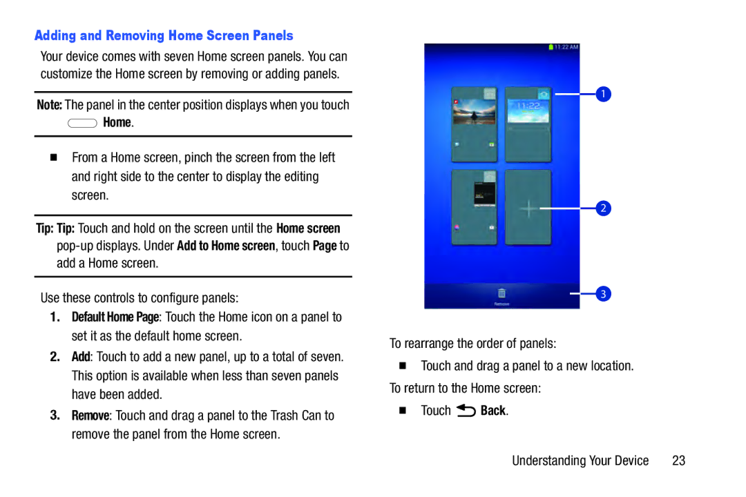 Samsung n/a user manual Adding and Removing Home Screen Panels, Use these controls to configure panels 