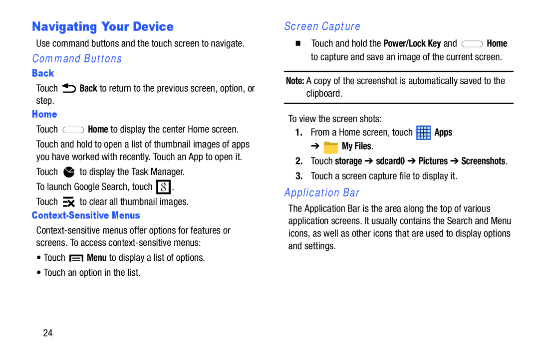 Samsung n/a user manual Navigating Your Device, Command Buttons, Screen Capture, Application Bar 