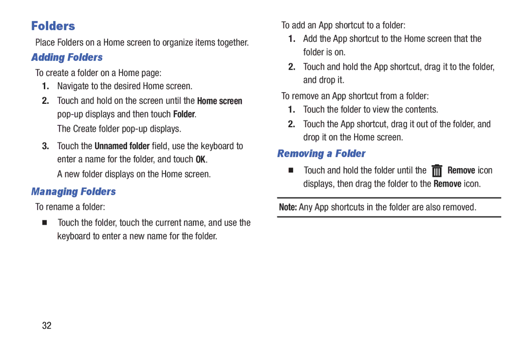 Samsung n/a user manual Adding Folders, Managing Folders, Removing a Folder 