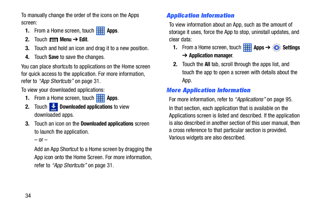 Samsung n/a More Application Information, Touch Menu Edit, Touch Save to save the changes, Application manager 