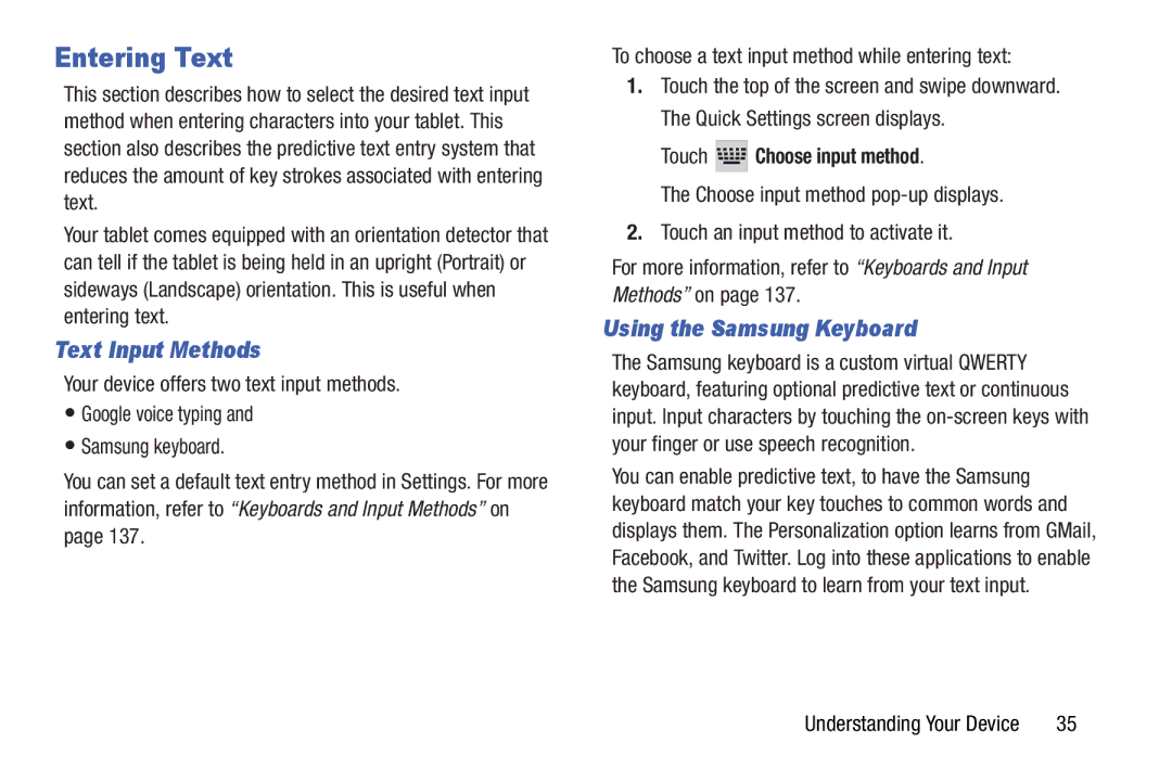 Samsung n/a user manual Entering Text, Text Input Methods, Using the Samsung Keyboard, Touch Choose input method 