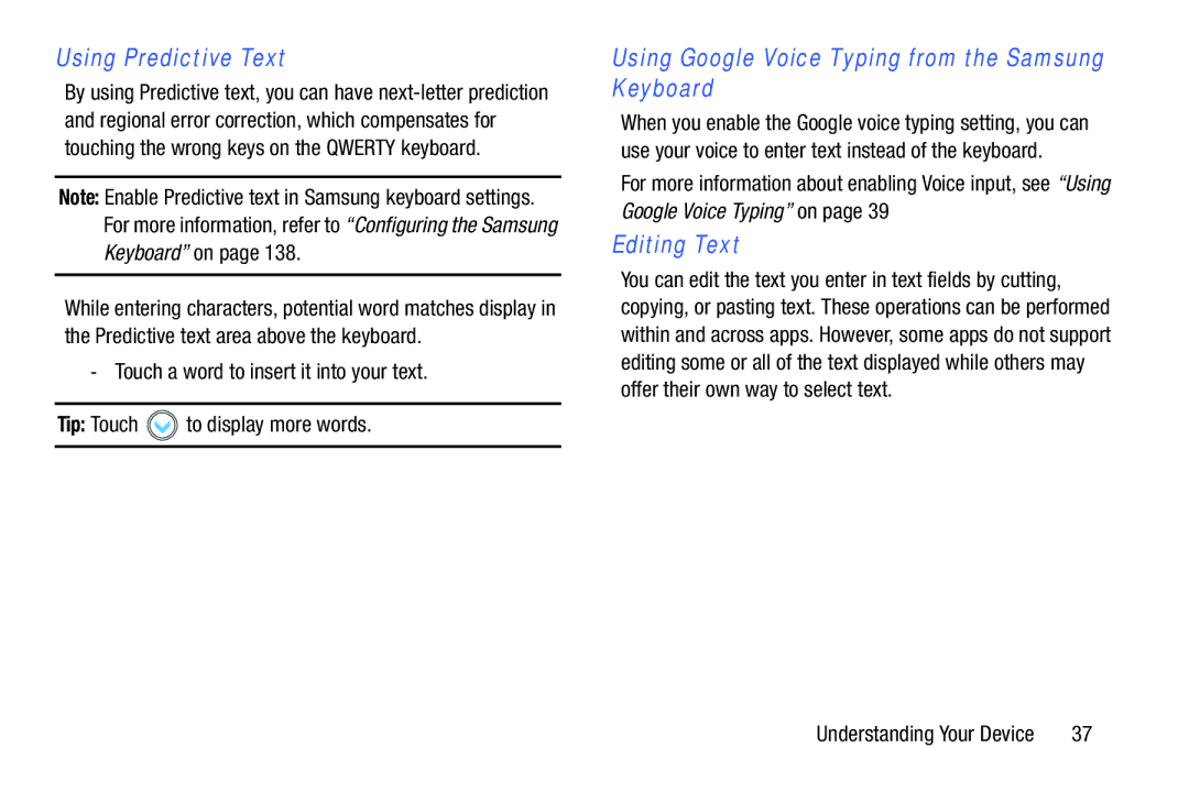 Samsung n/a user manual Using Predictive Text, Using Google Voice Typing from the Samsung Keyboard, Editing Text 