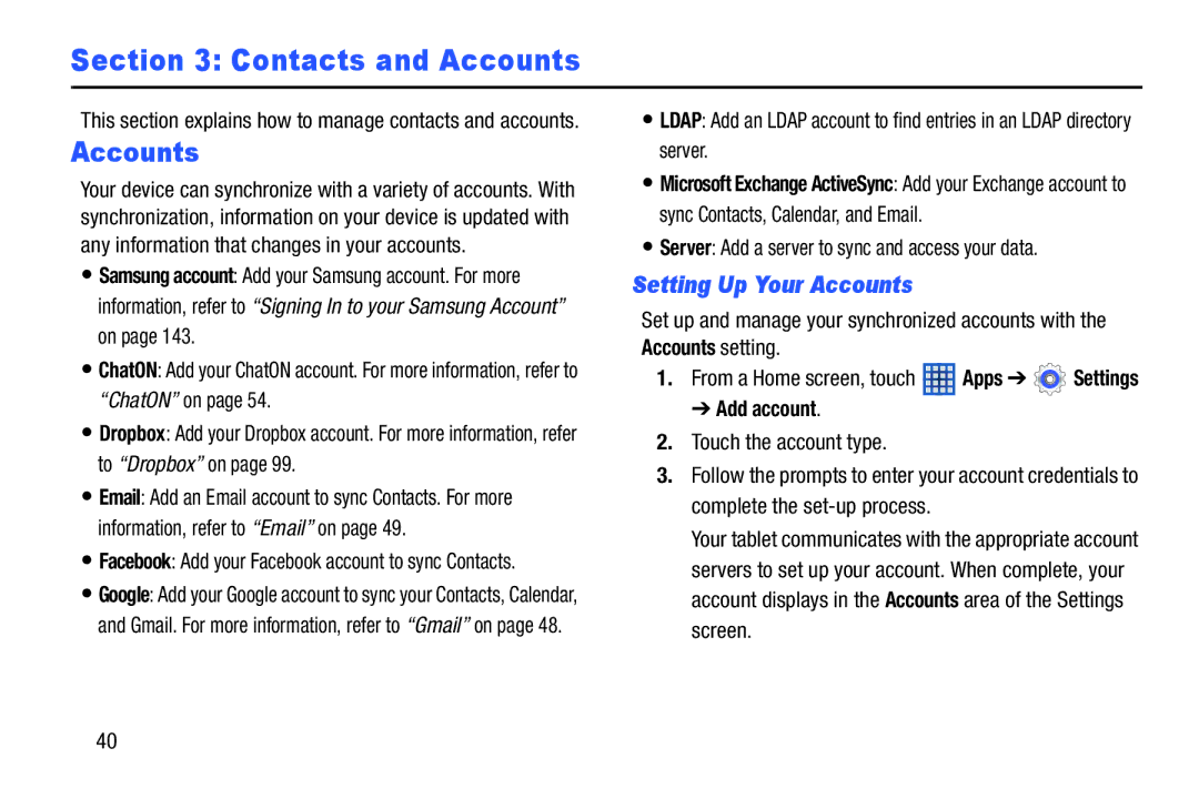 Samsung n/a Contacts and Accounts, Setting Up Your Accounts, Server Add a server to sync and access your data, Add account 