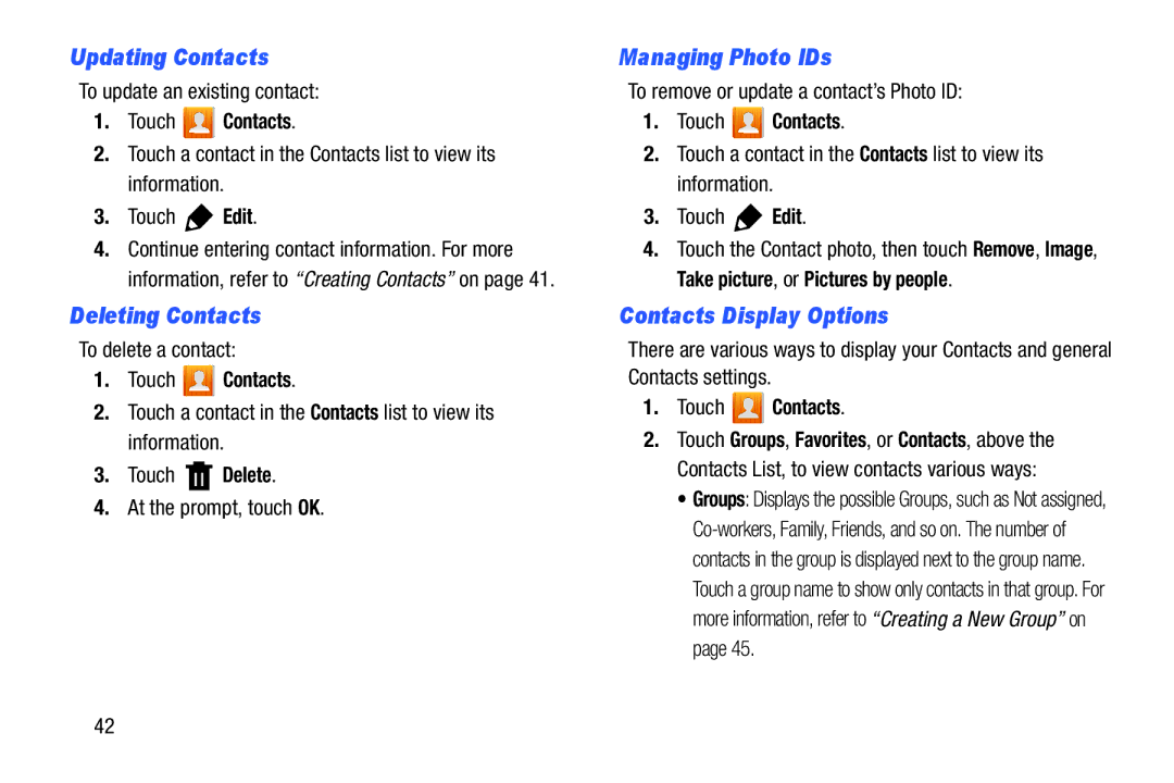 Samsung n/a user manual Updating Contacts, Deleting Contacts, Managing Photo IDs, Contacts Display Options, Touch Contacts 