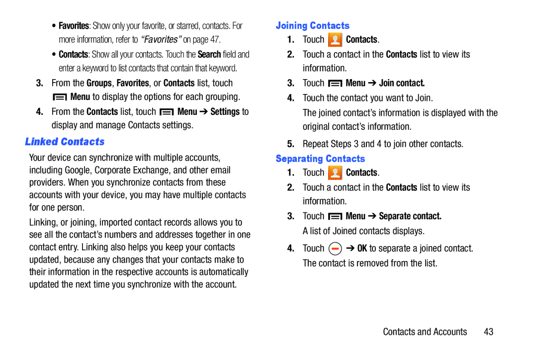 Samsung n/a user manual Linked Contacts, Joining Contacts, Touch Menu Join contact, Separating Contacts 